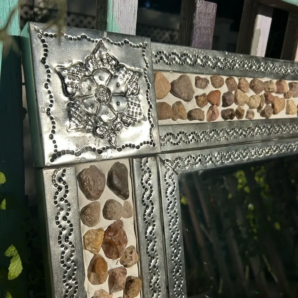 Mexican Tin Mirror Handcrafted - Rocks & Flowers 29" x 25" - Picture 1 of 16